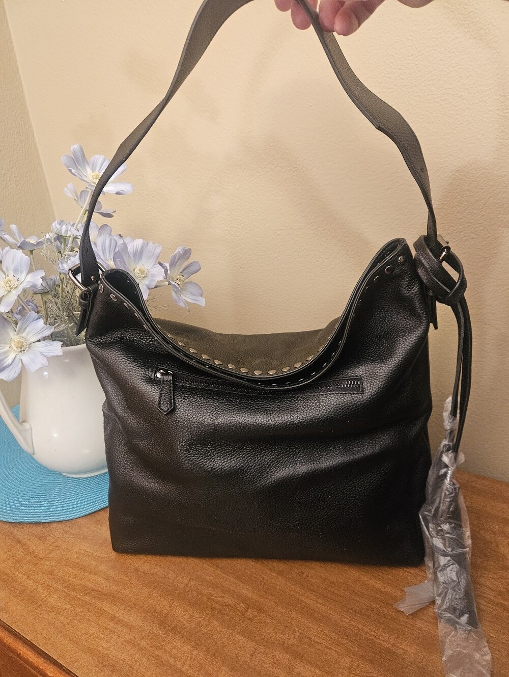 Slouchy Black Leather Laggo Reed Hobo shoulder Bag, tassels & Stud Detail NWOT